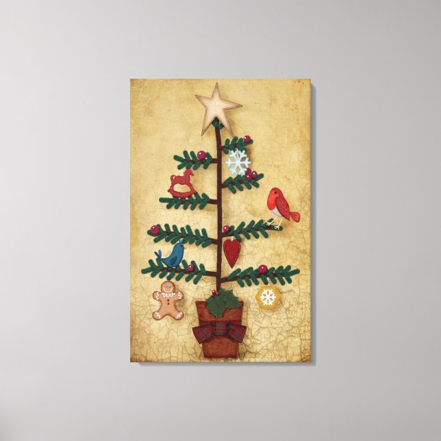 Toile Arbre De Noël D'Art Folk Avec Des Ornements Sentis (Recto)