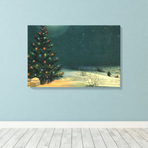 Toile Arbre de Noël vintage la nuit avec lumières et nei