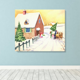 Toile Arbre de Noël vintage sur une route enneigée d'hiv