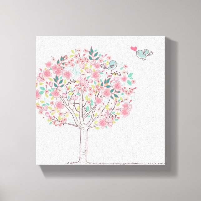 Toile Arbre en fleurs et oiseaux en amour (Recto)