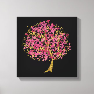 Toile Arbre papillon rose et or