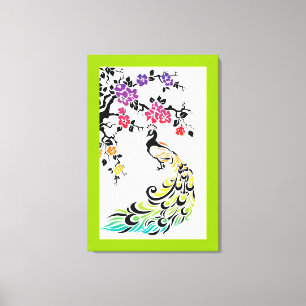 Toile Arc-en-ciel, paon noir et fleurs de cerisiers