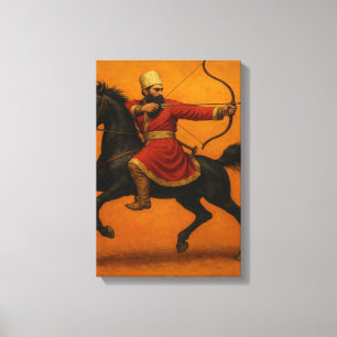 Toile Archer monté en robe rouge sur cheval de guerre no