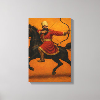 Toile Archer monté en robe rouge sur cheval de guerre no