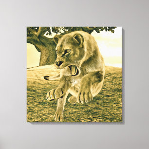 Toile Art dramatique de la lionne safari faune