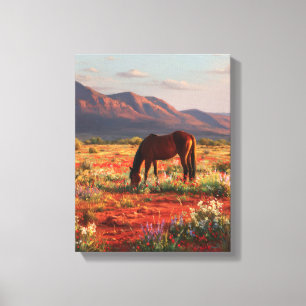 Toile Art du coucher de soleil désert fleuri Cheval sauv