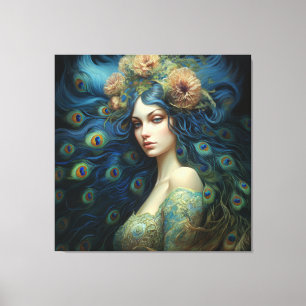 Toile Art moderne avec femme et plumes de paon