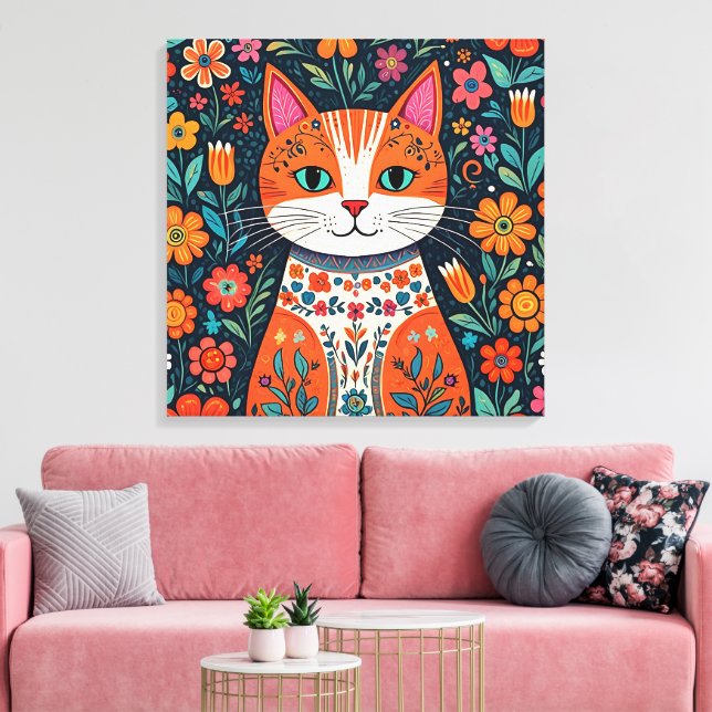 Toile Art populaire Whimsical Chat et Fleurs (Insitu(Salon))