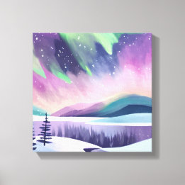 Toile Aurores Boréales Nuit d'Hiver Colorée | Aquarelle