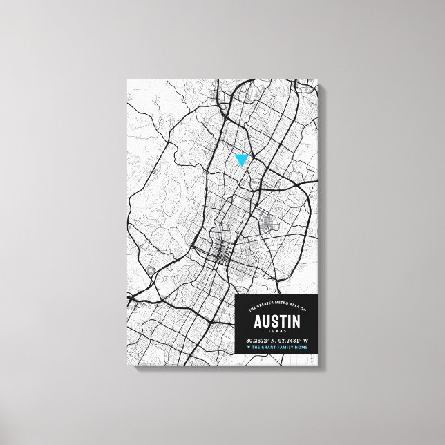 Toile Austin, Texas City Map + Marquer Votre Emplacement (Recto)