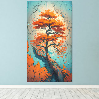 Toile Autumn’s Last Stand: A Fiery Tree in a Cracked 