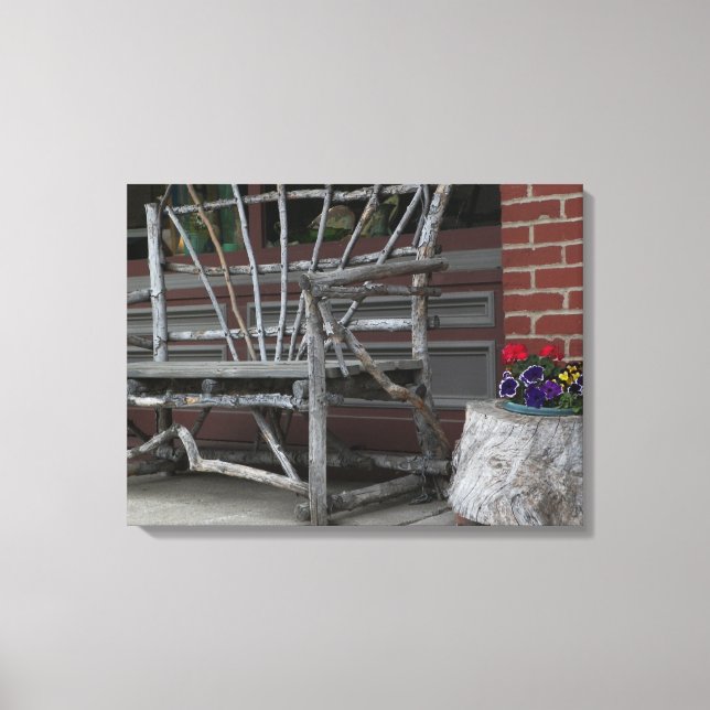 Toile Banc et fleurs de branches d'arbre rustique (Recto)