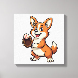 Toile Base-ball vintage Chien Corgi Attrapeur Dessin Ani