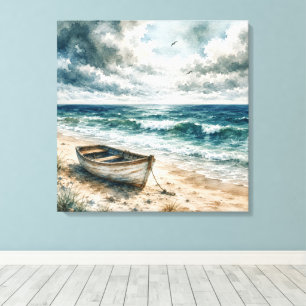 Toile Bateau à rames patiné à l'aquarelle sur une plage 