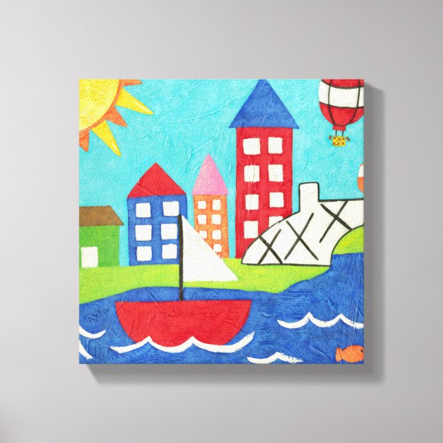 Toile Bateau à voile et ballon à air chaud avec Cityscap (Recto)