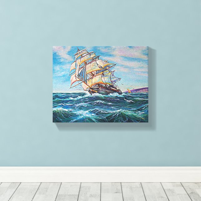 Toile Bateau à voile sur Rough Waters Peinture Art 10x8 (Insitu (Plancher de Bois))