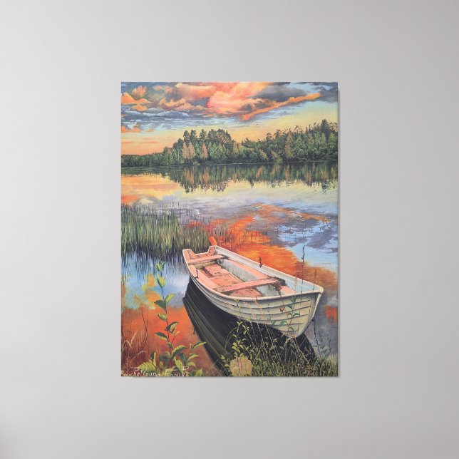 Toile Bateau au coucher du soleil : réflexion réaliste d (Recto)