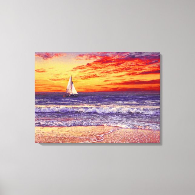 TOILE BATEAU DE PLAGE SUNSET STRETCHÉ CANVAS ART IMPRIME (Recto)