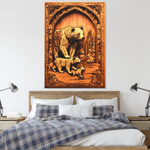 Toile Bear Family Carving IMPRIMER ART