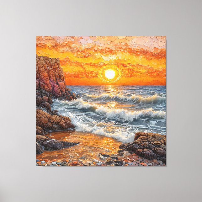 Toile Beau coucher de soleil sur l'océan avec des vagues (Recto)