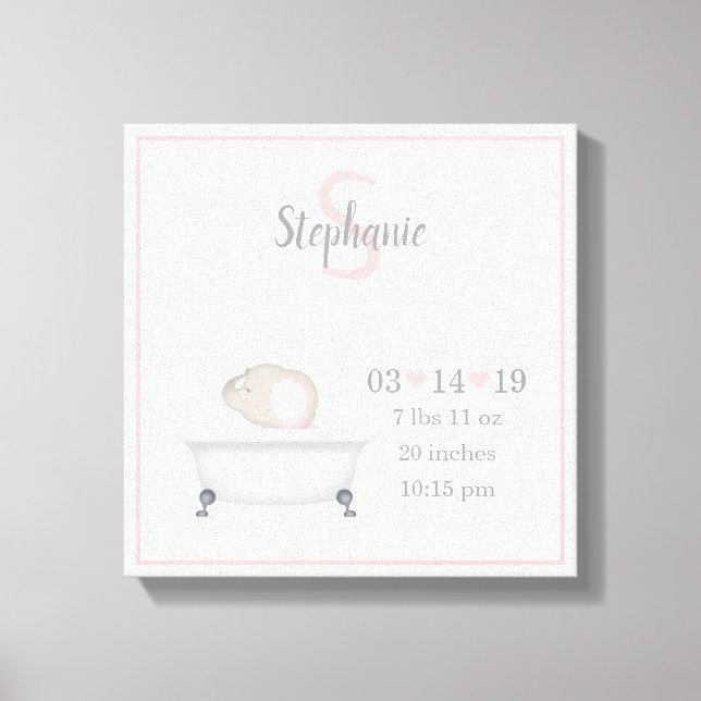 Toile Bébé Eléphant bulle Bain fille Faire-part de naiss (Recto)