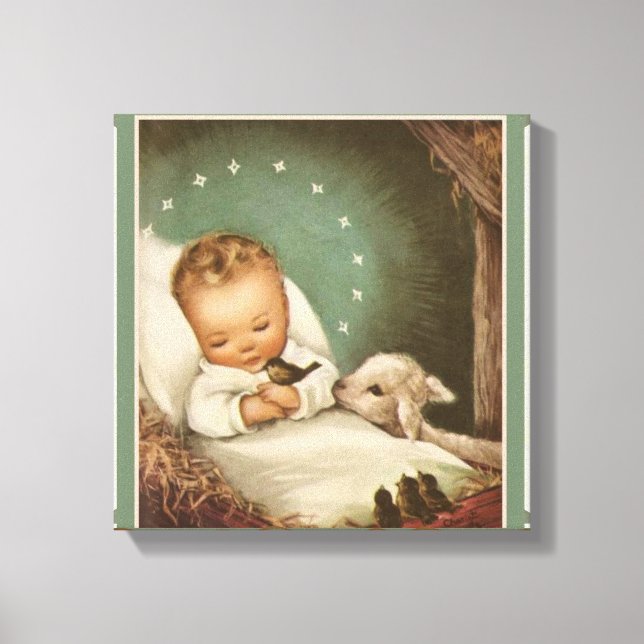 Toile Bébé Jésus avec agneau et oiseau dans la crèche (Recto)