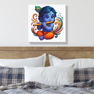 Toile Bébé Krishna avec Flûte - Vibes de paix | 3D dynam