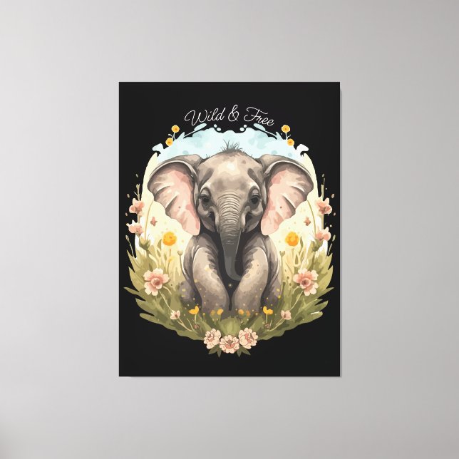 Toile Bébé mignon Eléphant Calf Fleur sauvage Wanderlust (Recto)
