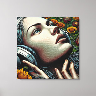 Toile Belle femme avec casque dans les tournesols