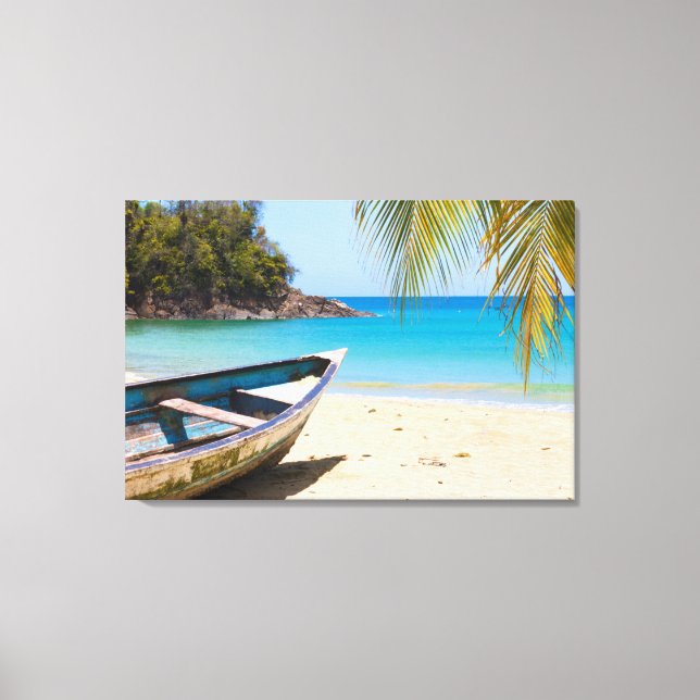 Toile Belle plage tropicale avec bateau à rames (Recto)