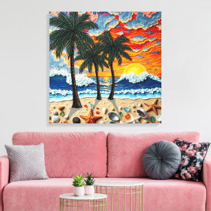 Toile Belle scène de plage avec des palmiers