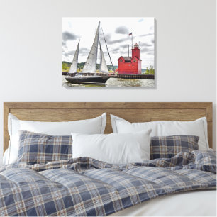 Toile Big Red Michigan Lighthouse and Sailboat