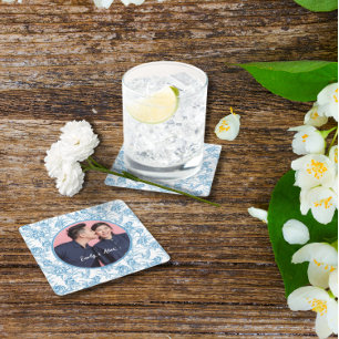 Toile bird and floral Custom Name Photo Wedding Square Paper Coaster