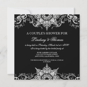 Toile Black n White Damask Swirl Couples Shower Invitation