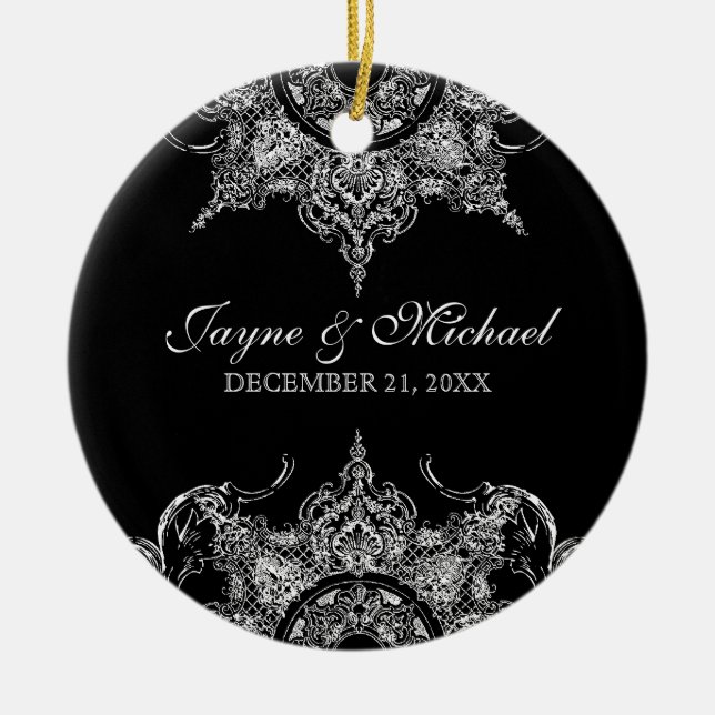 Toile Black n White Damask Swirl First Christmas Ceramic Ornament (Front)