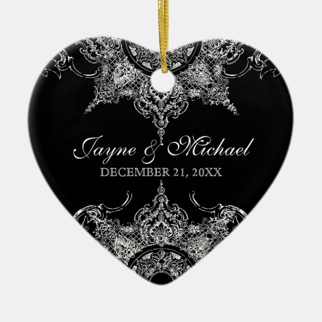 Toile Black n White Damask Swirl First Christmas Ceramic Ornament (Front)