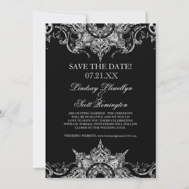 Toile Black n White Damask Swirl Save the Dates Invitation (Front)