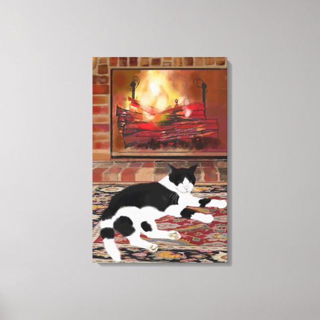 Toile Black White Cat Lying front of Fireplace  (Recto)