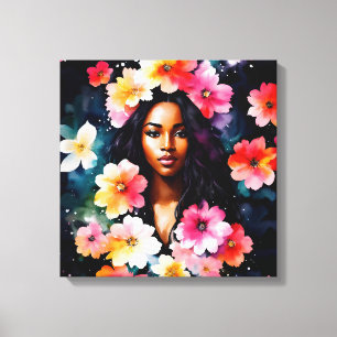 Toile Black Woman Multicolor Floral Aquarelle Art
