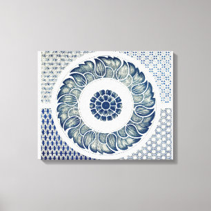 Toile Blanc bleu Floral chinois rond