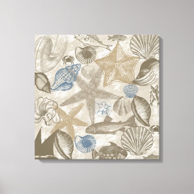 Toile Bleu Crème Beach Coques Océan Poisson (Recto)