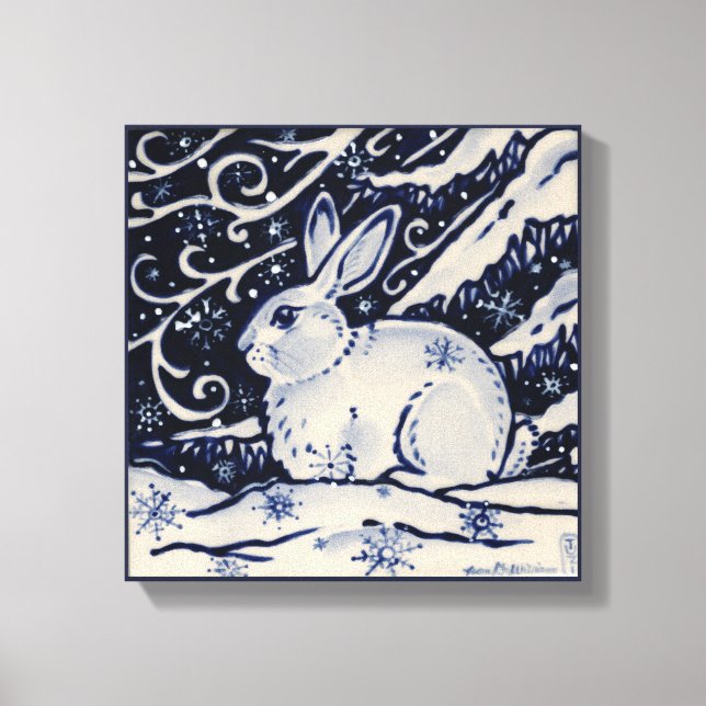 Toile Bleu et blanc Lapin Lapin Bois Neige Hiver Art (Recto)