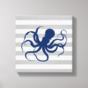 Toile Bleu octopus Gris et Blanc rayures