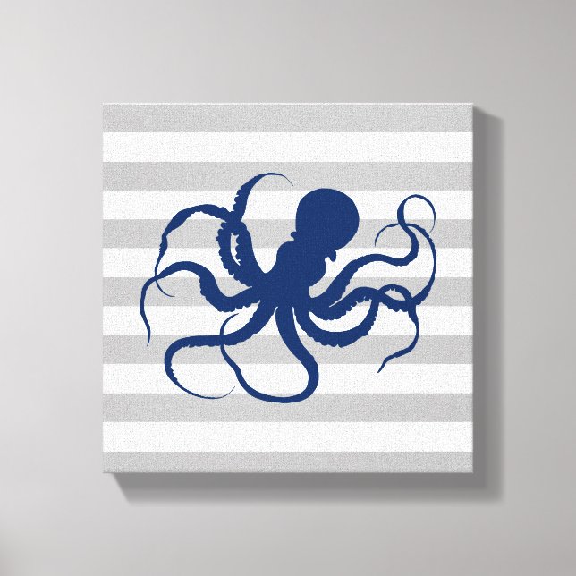 Toile Bleu octopus Gris et Blanc rayures (Recto)