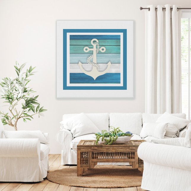 Toile Bleu Turquoise Blanc Ancre Plage Nautique (Créateur téléchargé)