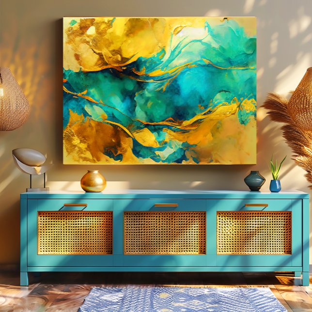 Toile Bleus Seduisants et Abstraits Dorés  (Stunning Abstract Turquoise and Gold Canvas Print/Available in Various Sizes)