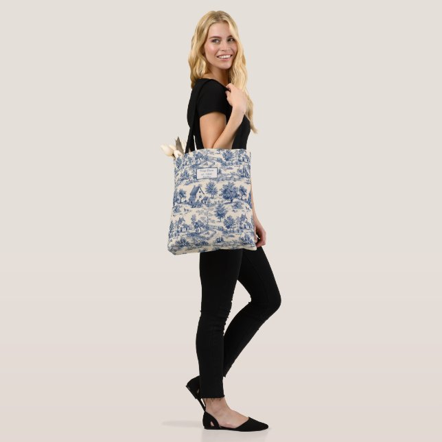 Toile Blue and Cream Cottages Tote Bag (On Model)