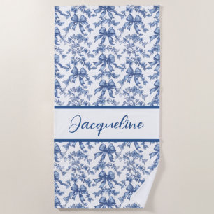 Toile Blue and White Coquette Bow Wedding Party Beach Towel
