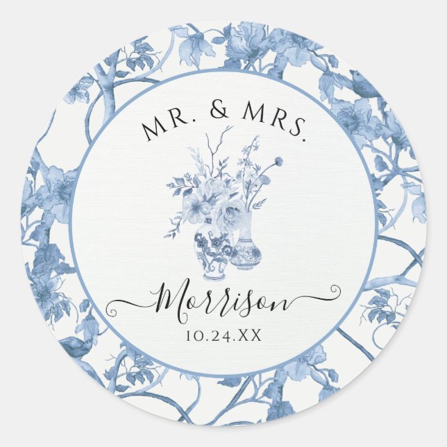 Toile Blue and White Mr and Mrs Floral Wedding Classic Round Sticker (Front)