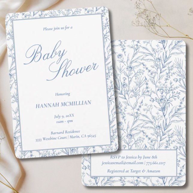 Toile Blue Botanical Line Drawn Baby Shower Invitation (Toile Blue Botanical Line Drawn Baby Shower Invitation
)